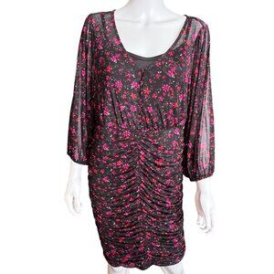 Torrid Sheer Black Floral Ruched Dress w/ Scoop Neck & Long Sleeves Size 0/L